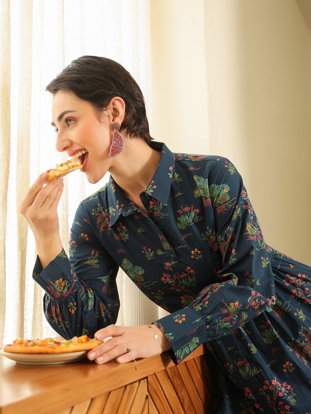 Navy Blue Cotton Printed Shirt Collar Dress For Women