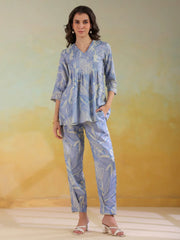 Blue Color V-Neck Printed co-ords set for women - SanskrutiHomes 