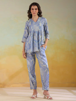 Blue Color V-Neck Printed co-ords set for women - SanskrutiHomes 