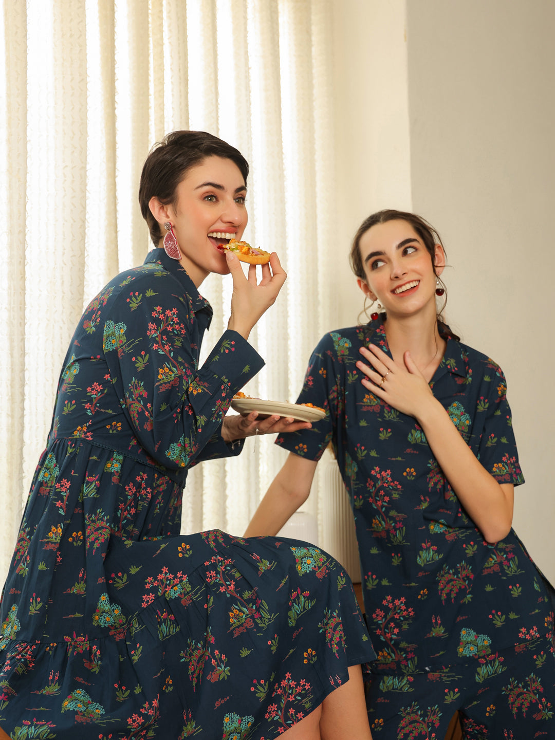 Blue Color V-Neck Printed co-ords set for women - SanskrutiHomes 