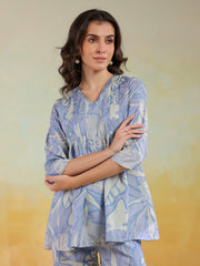 Blue Color V-Neck Printed Co-Ords Set For Women