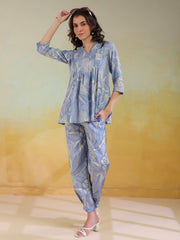 Blue Color V-Neck Printed Co-Ords Set For Women