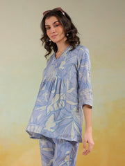 Blue Color V-Neck Printed Co-Ords Set For Women