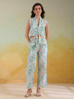 Green Color V-Neck Printed co-ords set for women - SanskrutiHomes 