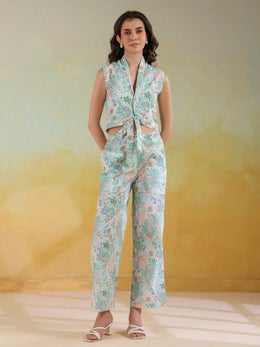 Green Color V-Neck Printed co-ords set for women - SanskrutiHomes 