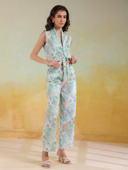 Green Color V-Neck Printed co-ords set for women - SanskrutiHomes 