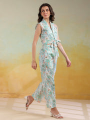 Green Color V-Neck Printed Co-Ords Set For Women