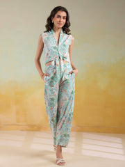 Green Color V-Neck Printed Co-Ords Set For Women