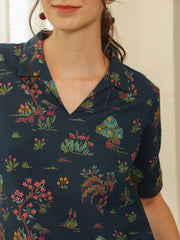 Blue V-Neck Pure Cotton Printed Floral Night Suit For Women