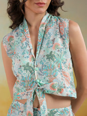 Green Color V-Neck Printed Co-Ords Set For Women