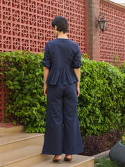 Blue Round Neck Pure Cotton Top Solid Co-Ords Set For Women