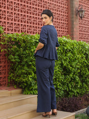 Blue Round Neck Pure Cotton Top Solid Co-Ords Set For Women