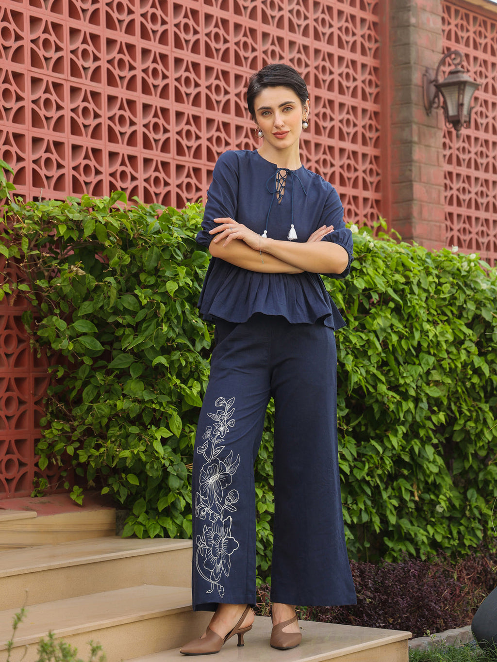 Blue Round Neck Pure Cotton Top Solid Co-Ords Set For Women