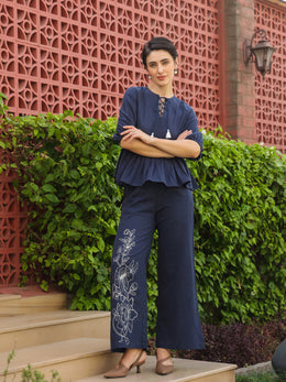 Blue Round Neck Pure Cotton Top Solid Co-Ords Set For Women