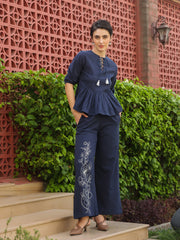Blue Round Neck Pure Cotton Top Solid Co-Ords Set For Women