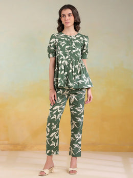Green Color Round Neck Printed co-ords set for women - SanskrutiHomes 