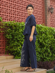 Blue Round Neck Pure Cotton Top Solid Co-Ords Set For Women