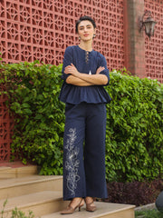 Blue Round Neck Pure Cotton Top Solid Co-Ords Set For Women