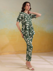 Green Color Round Neck Printed Co-Ords Set For Women