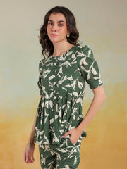 Green Color Round Neck Printed Co-Ords Set For Women