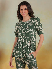 Green Color Round Neck Printed Co-Ords Set For Women