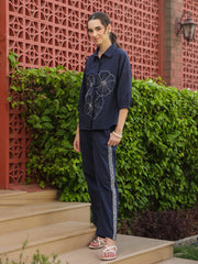 Navy Blue Shirt Collar Pure Cotton Top Solid Co-Ords Set For Women