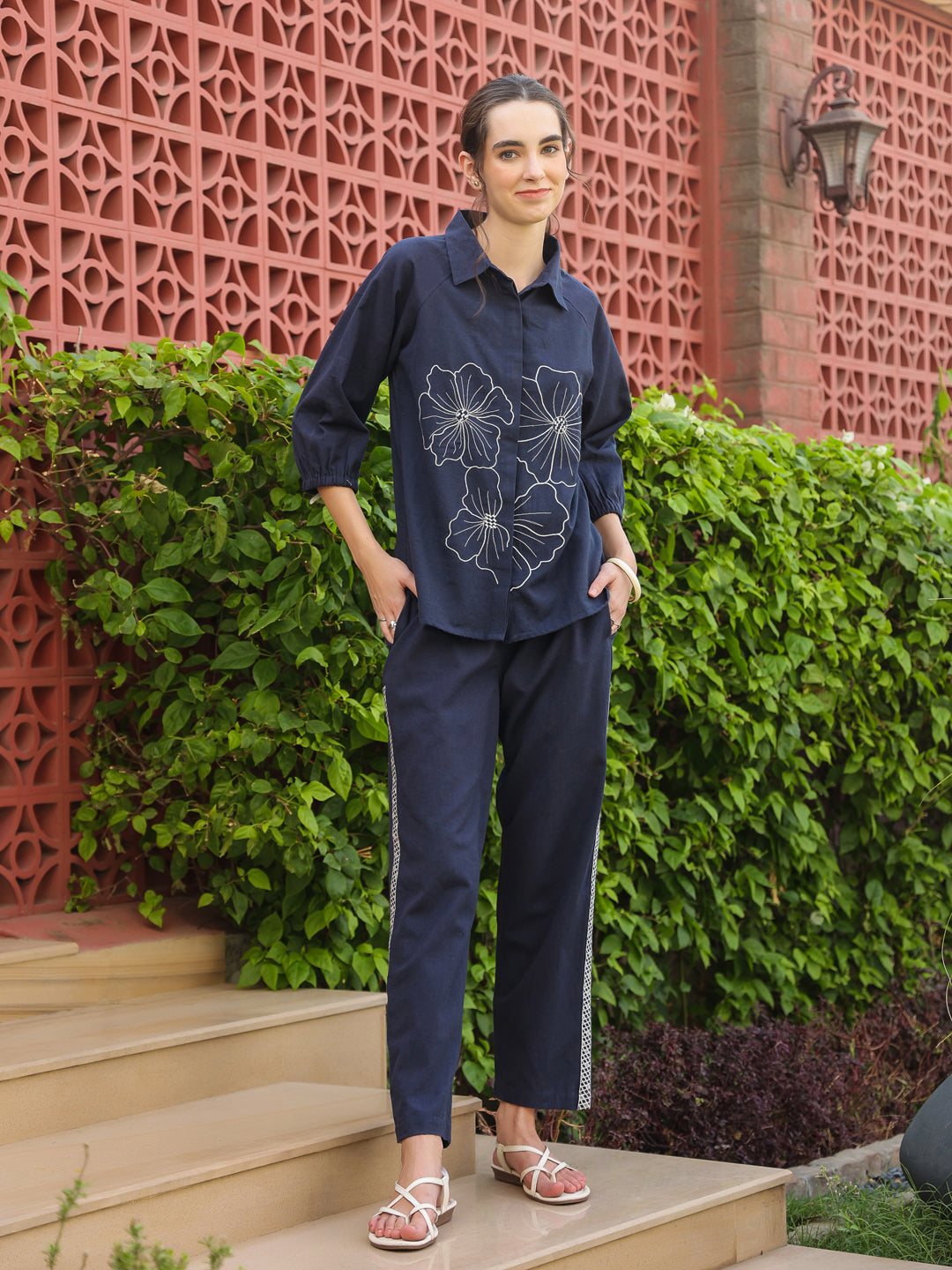 Navy Blue Shirt Collar Pure Cotton Top Solid Co-Ords Set For Women