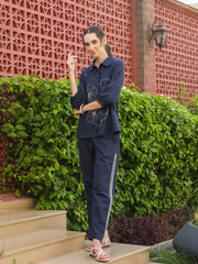 Navy Blue Shirt Collar Pure Cotton Top Solid Co-Ords Set For Women