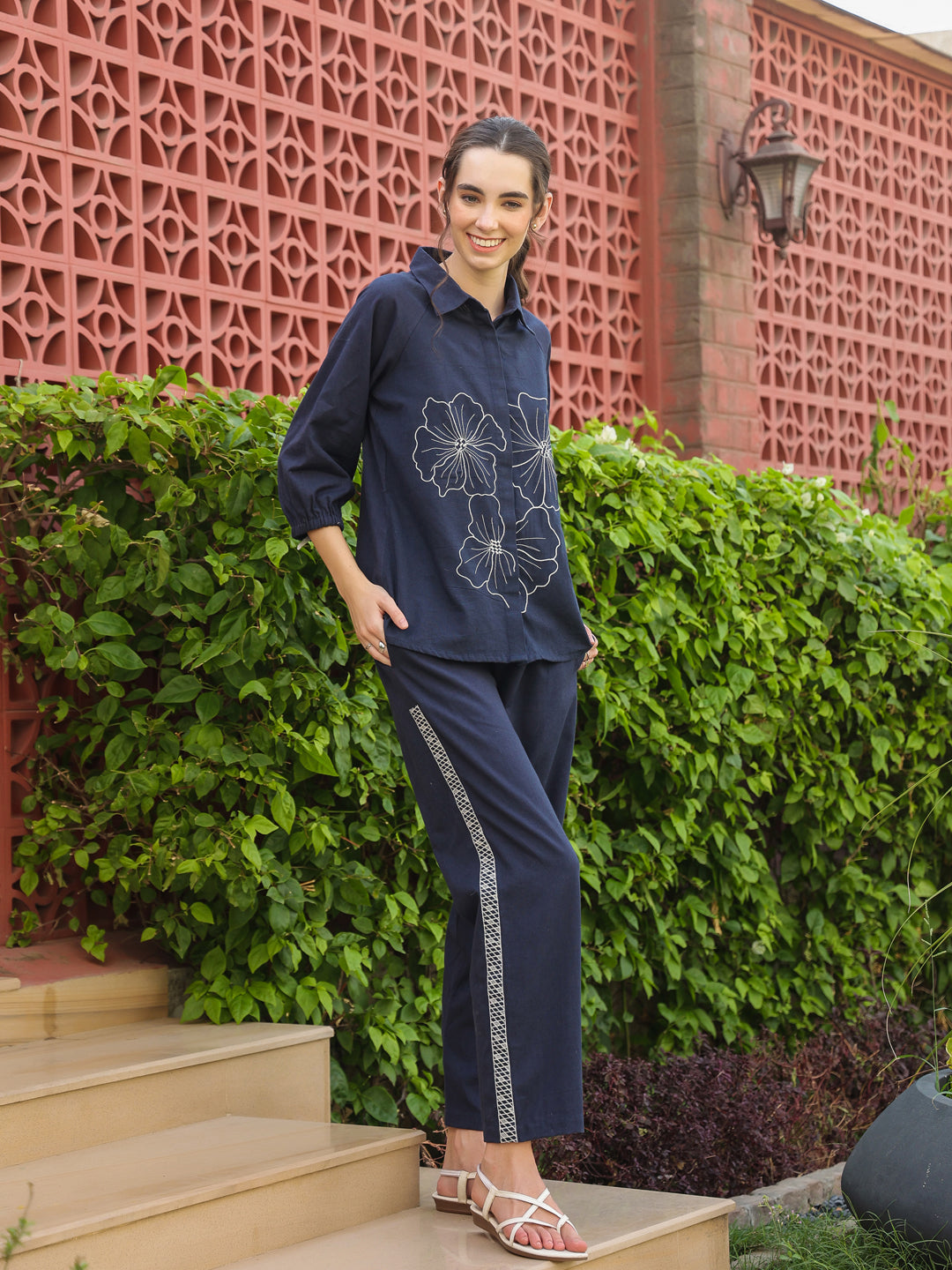 Navy Blue Shirt Collar Pure Cotton Top Solid Co-Ords Set For Women