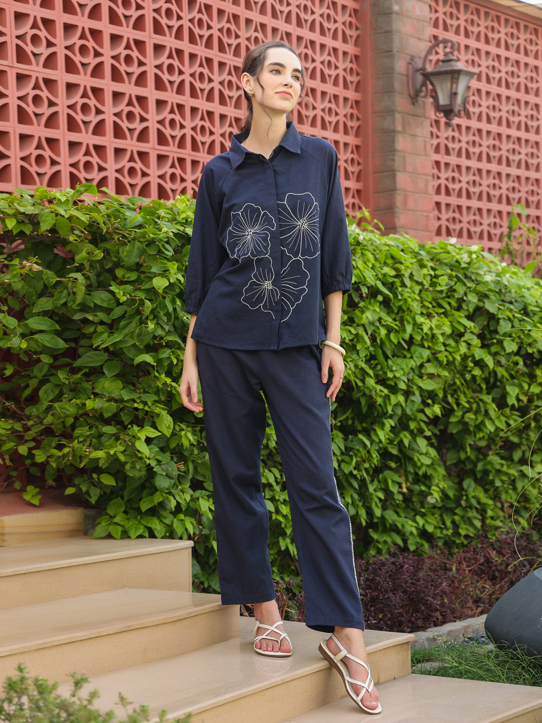 Navy Blue Shirt Collar Pure Cotton Top Solid Co-Ords Set For Women