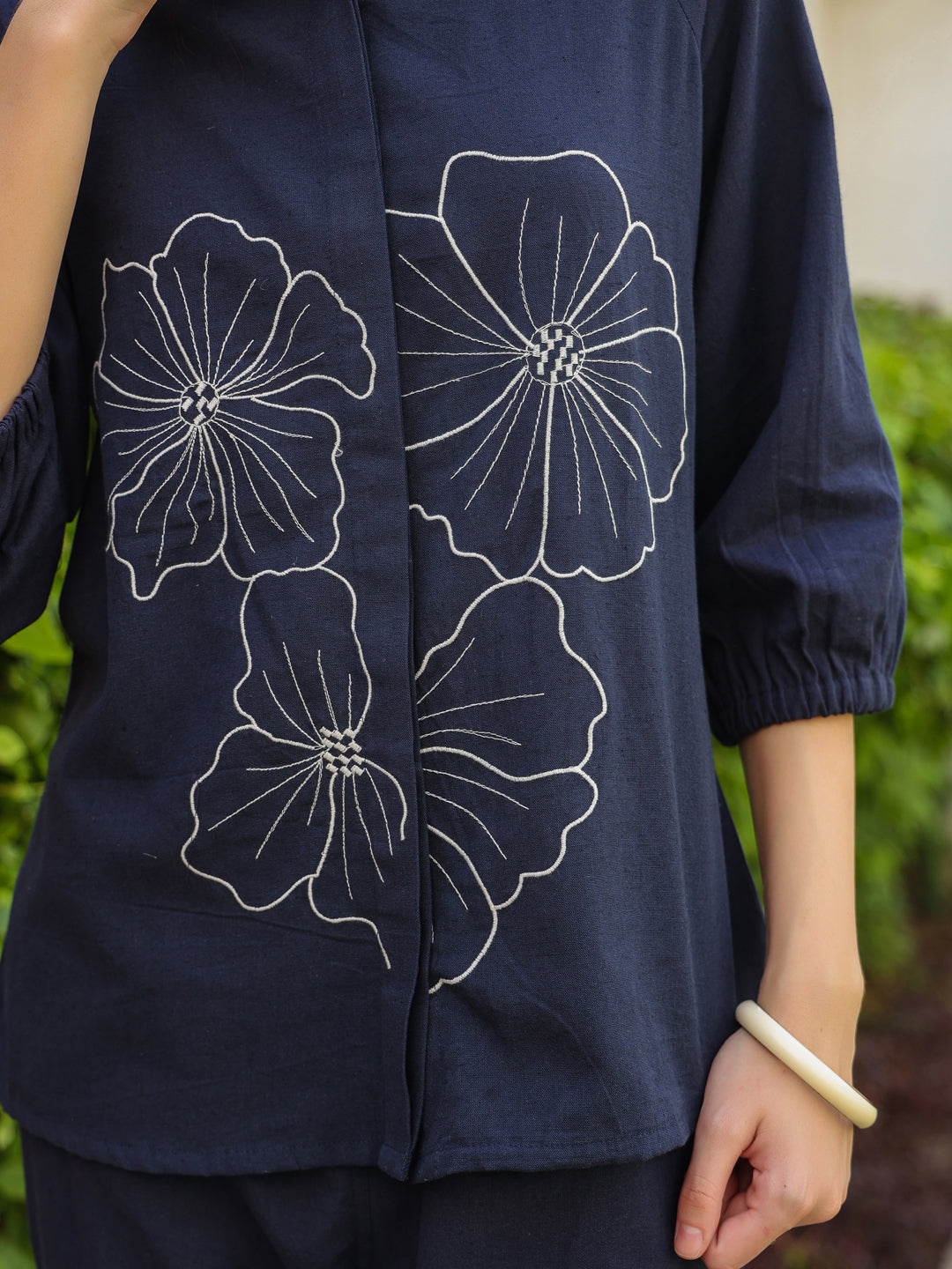 Navy Blue Shirt Collar Pure Cotton Top Solid Co-Ords Set For Women