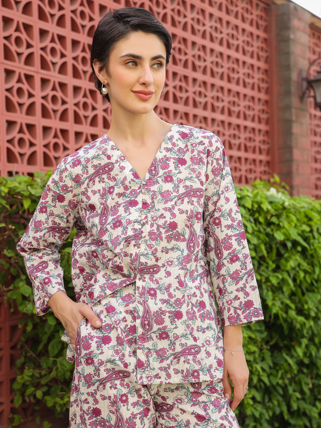 Multi Round Neck Pure Cotton Printed Floral Night Suit For Women