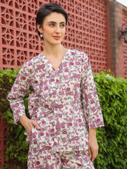Multi Round Neck Pure Cotton Printed Floral Night Suit For Women