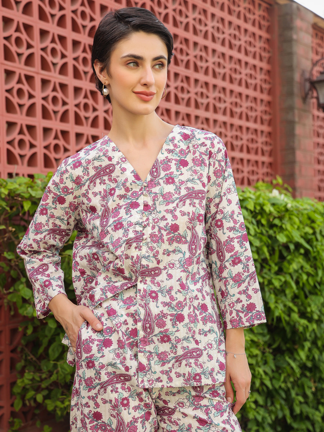 Multi Round Neck Pure Cotton Printed Floral Night Suit For Women