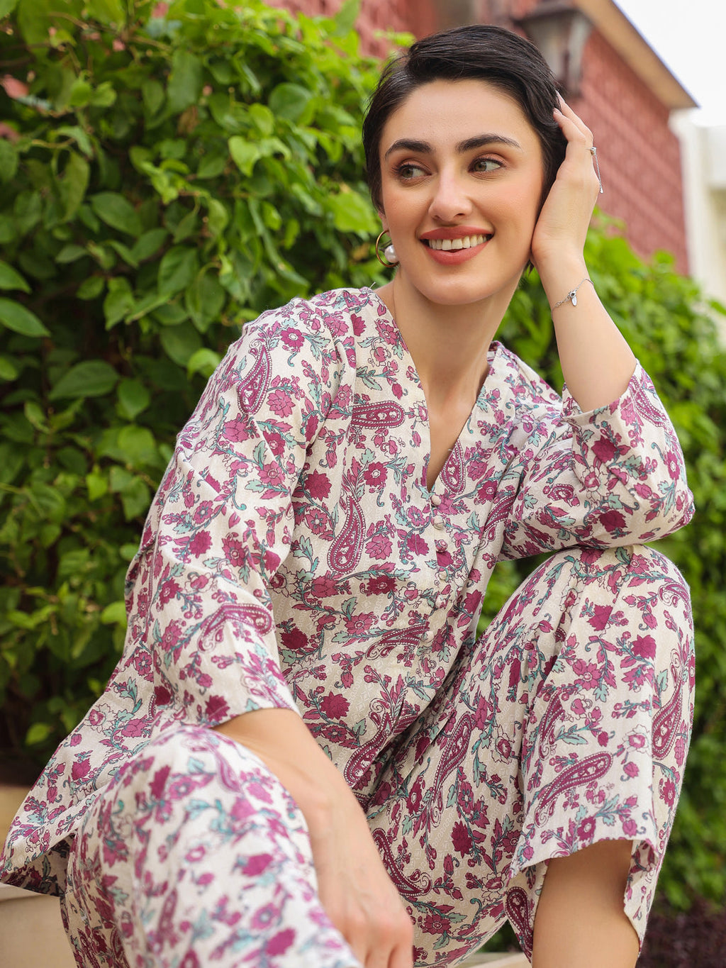 Multi Round Neck Pure Cotton Printed Floral Night Suit For Women