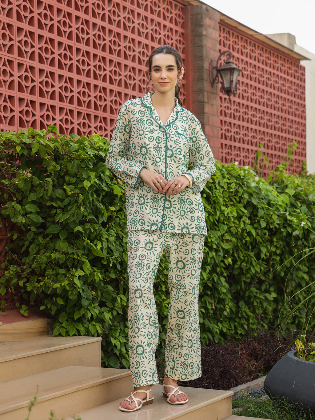 White Shirt Collar Pure Cotton Printed Geometric Night Suit For Women