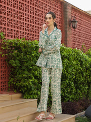 White Shirt Collar Pure Cotton Printed Geometric Night Suit For Women