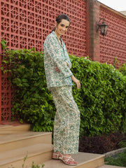 White Shirt Collar Pure Cotton Printed Geometric Night Suit For Women