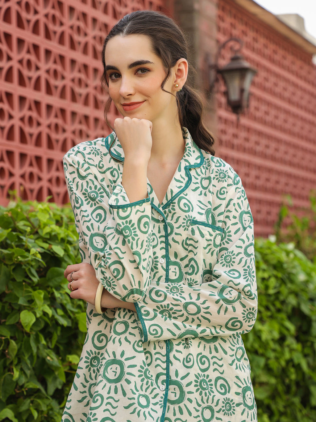 White Shirt Collar Pure Cotton Printed Geometric Night Suit For Women