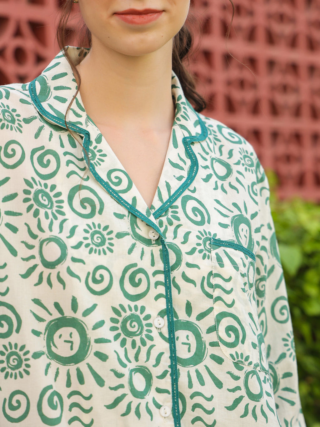 White Shirt Collar Pure Cotton Printed Geometric Night Suit For Women