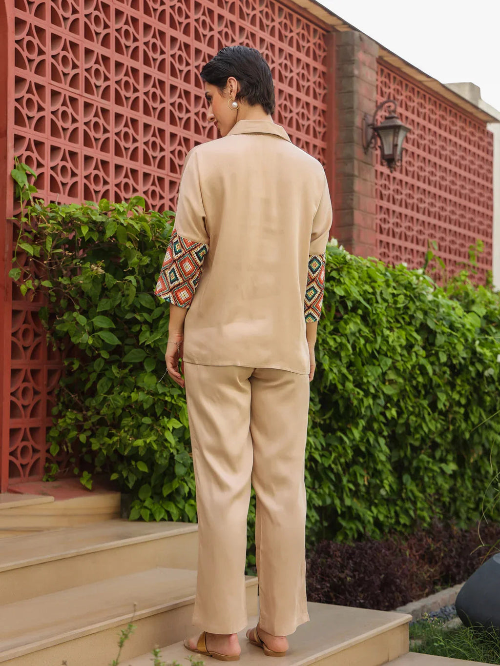 Cream Shirt Collar Viscose Rayon Solid Shirt Co-ords Set for Women - SanskrutiHomes 