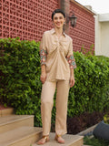 Cream Shirt Collar Viscose Rayon Solid Shirt Co-ords Set for Women - SanskrutiHomes 