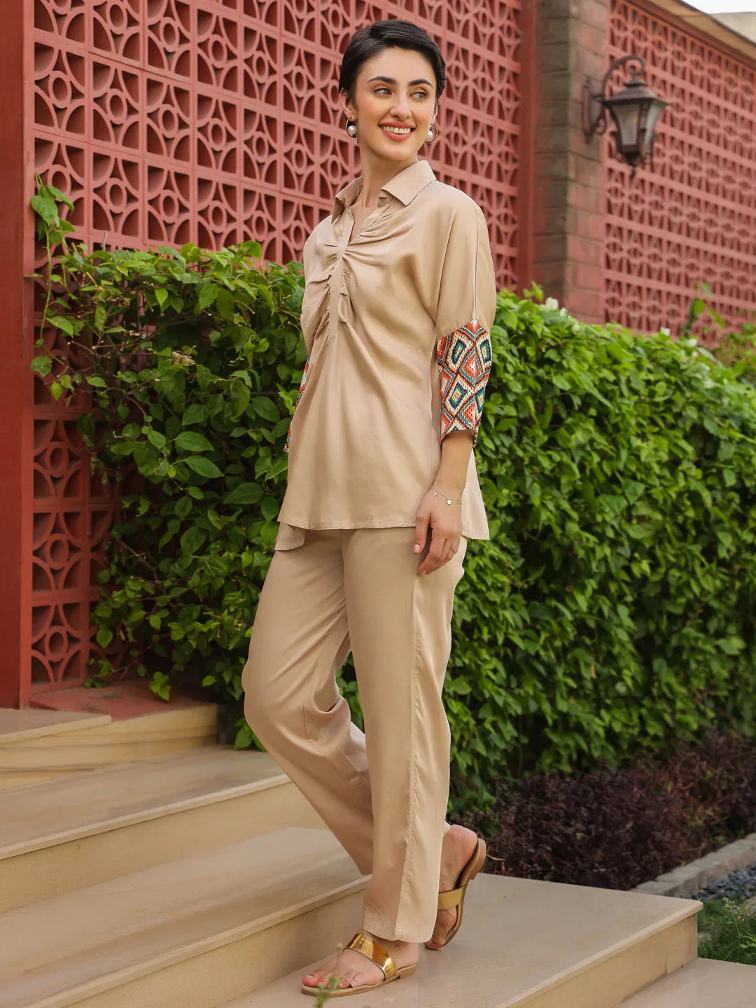 Cream Shirt Collar Viscose Rayon Solid Shirt Co-ords Set for Women - SanskrutiHomes 