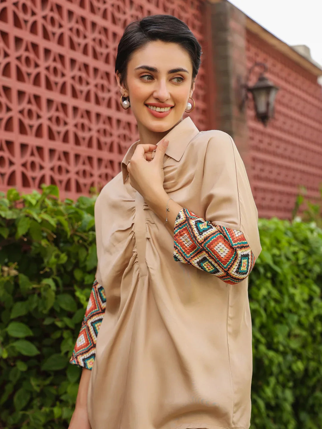 Cream Shirt Collar Viscose Rayon Solid Shirt Co-ords Set for Women - SanskrutiHomes 