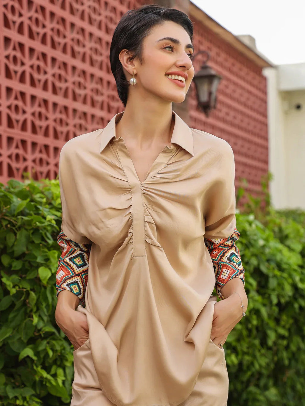 Cream Shirt Collar Viscose Rayon Solid Shirt Co-ords Set for Women - SanskrutiHomes 