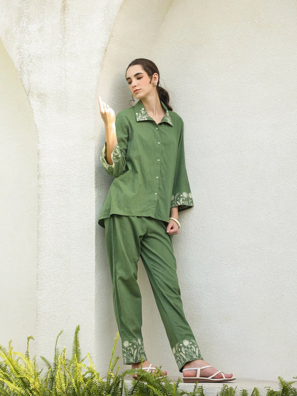 Green Pure Cotton Embroidered Shirt Collar Co-Ord Set for Women - SanskrutiHomes 