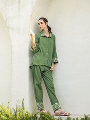 Green Pure Cotton Embroidered Shirt Collar Co-Ord Set for Women - SanskrutiHomes 