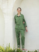Green Pure Cotton Embroidered Shirt Collar Co-Ord Set for Women - SanskrutiHomes 