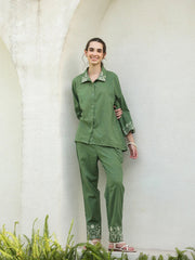 Green Pure Cotton Embroidered Shirt Collar Co-Ord Set for Women - SanskrutiHomes 
