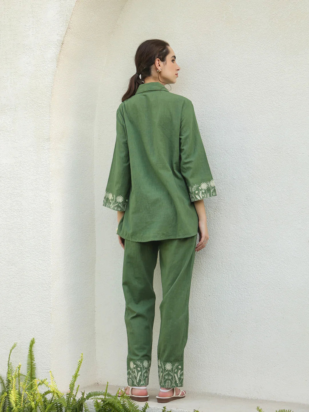 Green Pure Cotton Embroidered Shirt Collar Co-Ord Set for Women - SanskrutiHomes 
